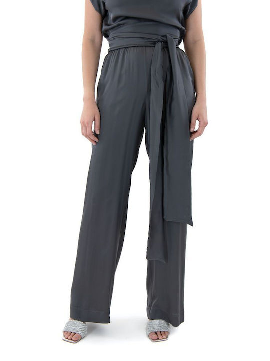 Kramma Women's High-waisted Fabric Trousers in Straight Line Gray