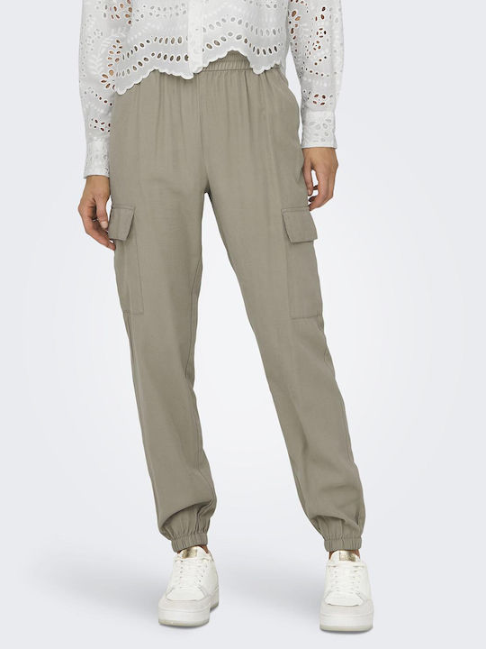 Only Life Hw Women's High-waisted Fabric Cargo Trousers with Elastic Lightgray