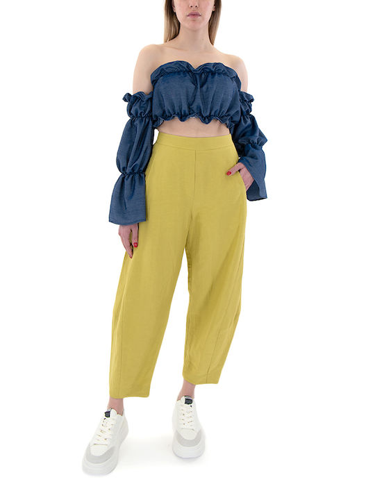 Moutaki Women's High-waisted Linen Trousers with Elastic in Balloon Line Yellow