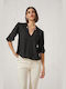 Enzzo Women's Blouse with 3/4 Sleeve & V Neckline Black