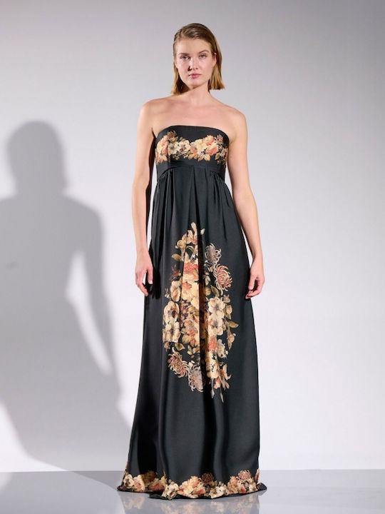 Matis Fashion Maxi Βραδινό Φόρεμα Strapless Σατέν με Σκίσιμο Μαύρο