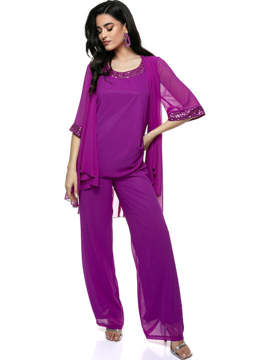 Damen Lila Set mit Hose mit Pailletten