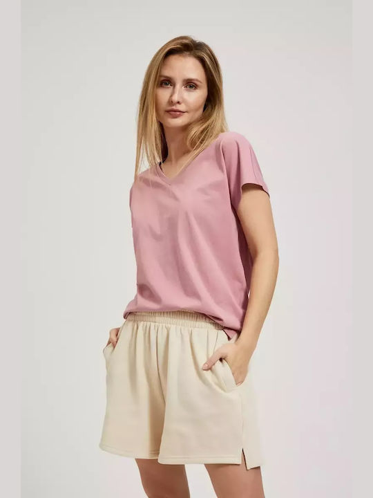 Moodo Short Sleeve Women's Blouse with V Neckline Dusty Pink