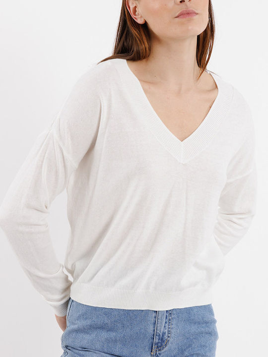 Cuca Γυναικεία Μπλούζα Βαμβακερή με V Λαιμόκοψη Λευκή
