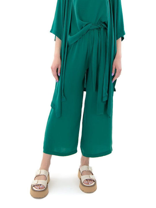 Moutaki Γυναικεία Ψηλόμεση Υφασμάτινη Παντελόνα με Λάστιχο σε Wide Γραμμή Πρασινο