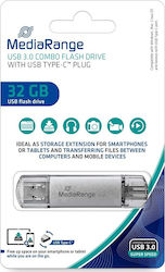 MediaRange 32GB USB 3.0 Stick cu conexiune USB-A & USB-C Gri