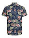 Short-sleeved Cotton Shirt Floral Dark Navy