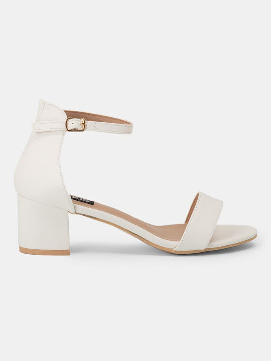 Bozikis Synthetic Leather Women's Sandals with Ankle Strap White with Chunky Medium Heel