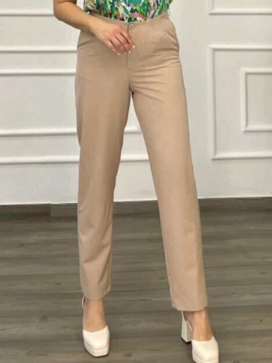 Voice Women's Fabric Trousers in Straight Line Beige