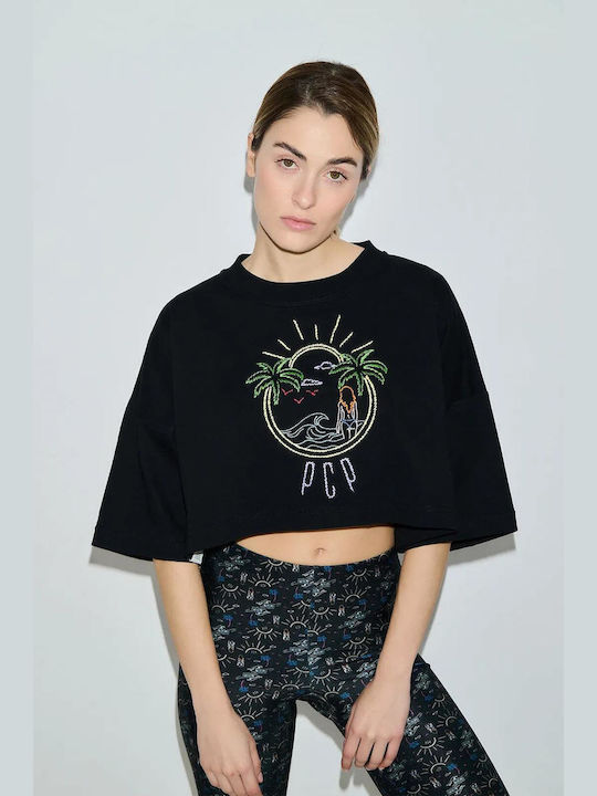 PCP Palm Babes Feminin Crop Tricou Floral Negru