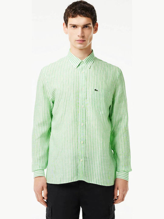 Lacoste Langärmlig Leinen Hemd Gestreift Grün