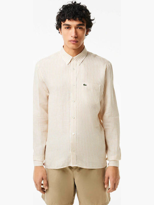 Langärmlig Leinen Hemd Gestreift Beige