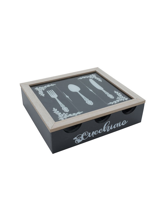 Ξύλινο Μαύρο Κουτί Αποθήκευσης Μαχαιροπίρουνα 3 Θήκες Οργάνωση Κουζίνας Διακόσμηση 26x23x7cm