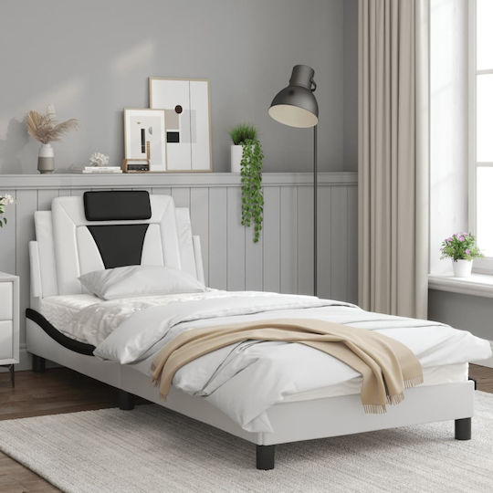 Single Bed Upholstered with White Faux Leather with Slats for 90x190cm Mattress