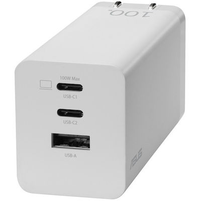 Asus Зарядно без кабел GaN (Галуниев нитрид) с USB-A порт и 2 USB-C порта 100W Бял (90XB07IN-BPW010)