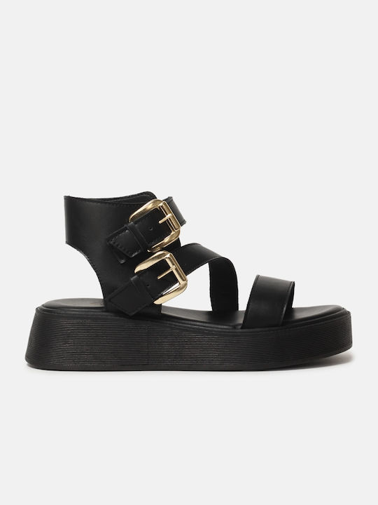 Carad Shoes Δερμάτινα Γυναικεία Σανδάλια Flatforms σε Μαύρο Χρώμα