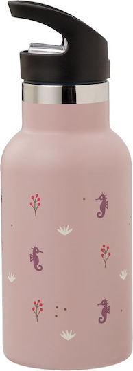 Fresk Kids Water Bottle Thermos Stainless Steel with Straw Non Spill Seahorse 350ml with Black Cap