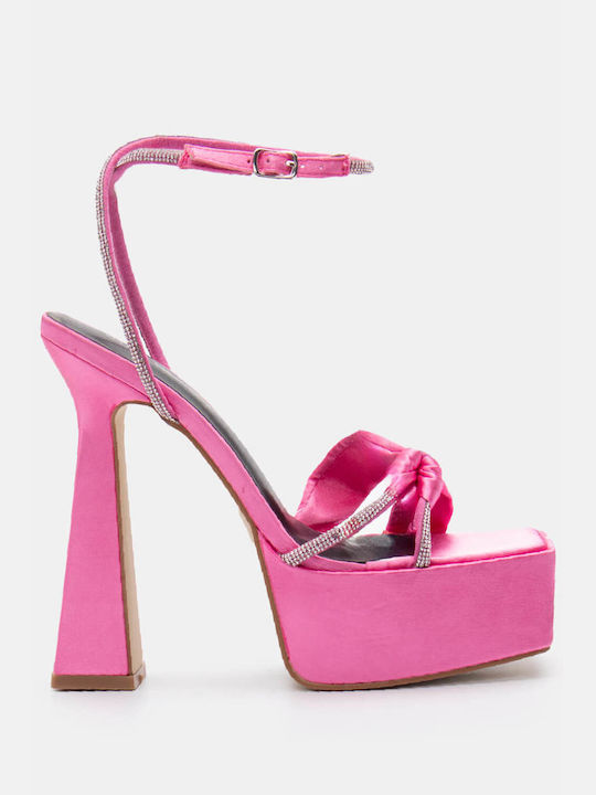 Luigi Platform Fabric Women's Sandals with Strass Pink with Low Heel