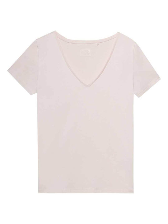 4F Women's Blouse Cotton Short Sleeve with V Neckline Pink