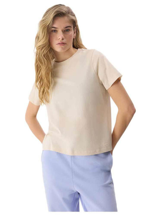 4F Damen Bluse Baumwoll Kurzärmelig Beige