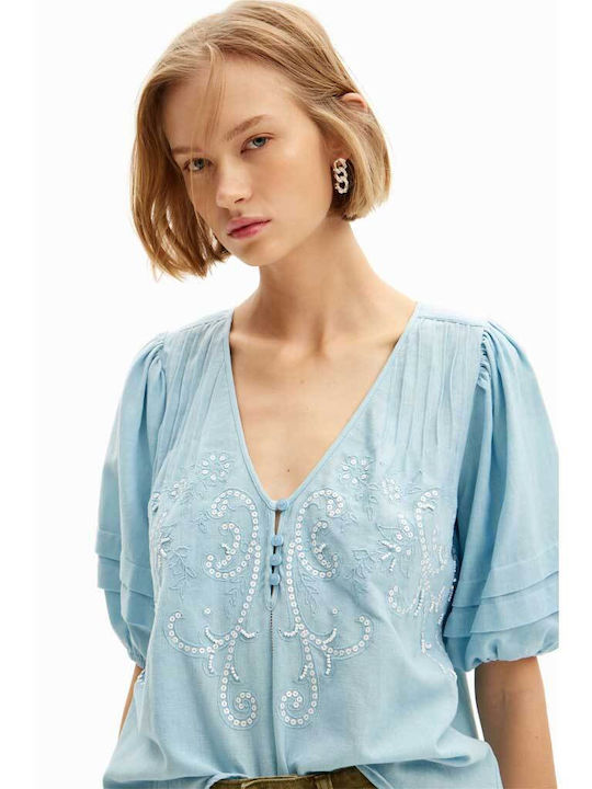 Desigual Damen Bluse Baumwoll mit 3/4 Ärmel & V-Ausschnitt Blau