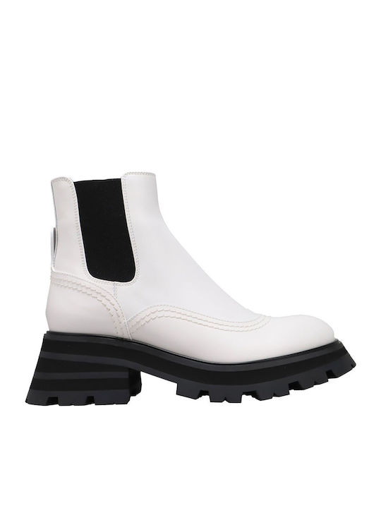Leder Damen Chelsea Stiefeletten mit mittlerem Absatz Weiß