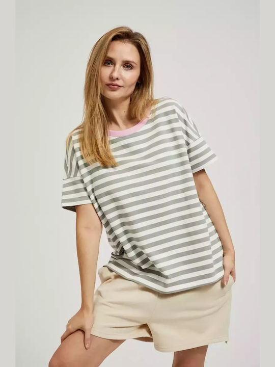 Make your image Women's Blouse Cotton Short Sleeve Striped Khaki
