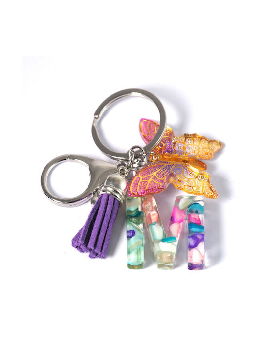 Keyring Monogram Large Liquid Glass Gold Dust Chips 26×22~40mm & Butterfly Acrylic 34x39mm & Purple Suede Tassel 35x10mm Silver Metallic Clasp M