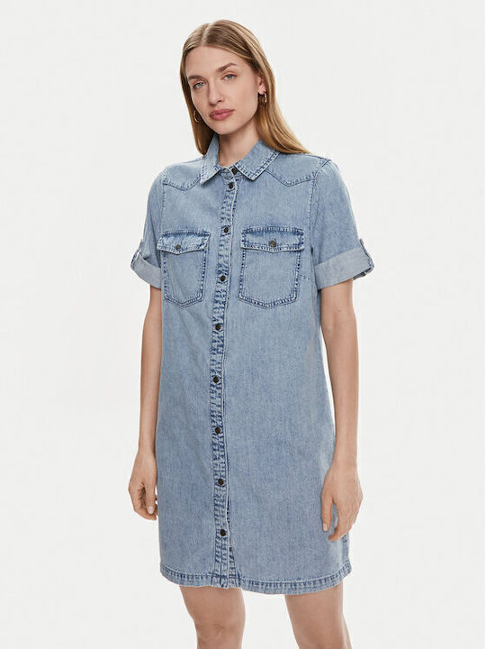 Summer Mini Shirt Dress Denim Blue