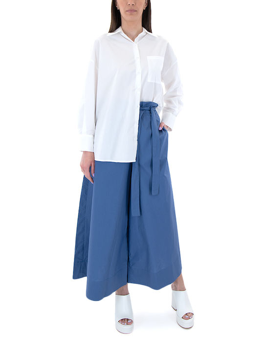 MY T Women's High Waist Cotton Trousers in Wide Line Blue