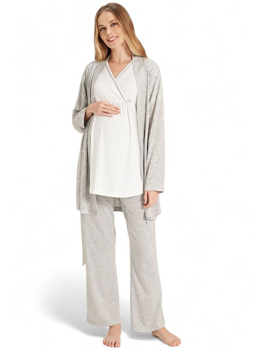 Feyza Short Robe with Pajama Relaxed Fit for Maternity Hospital & Breastfeeding Gray FZA5078