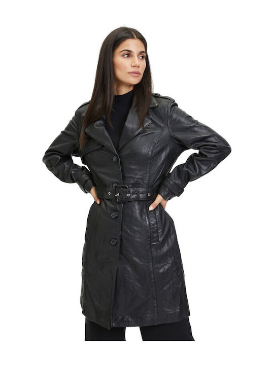 Gipsy Rose Women's Leather Long Coat Black