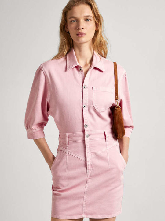 Mini Shirt Dress Denim Pink Dress