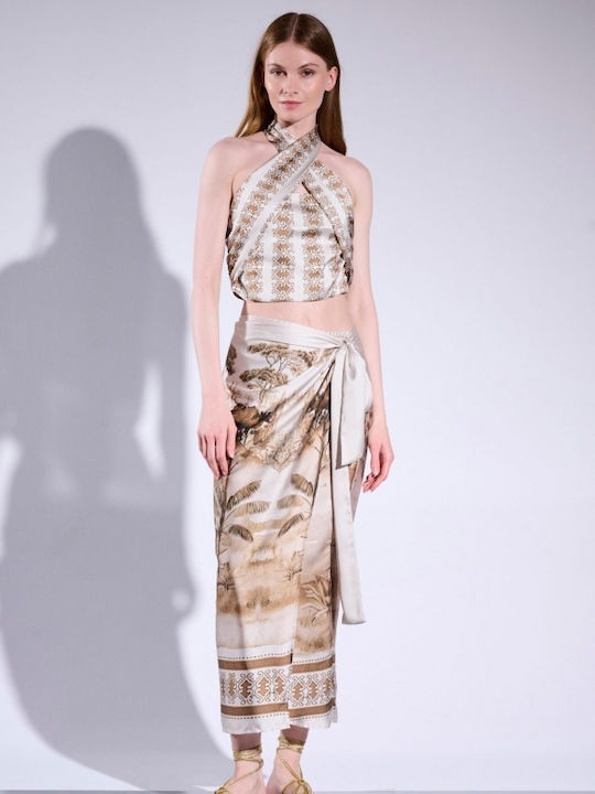 Matis Fashion Satin Midi Envelope Skirt in Beige color