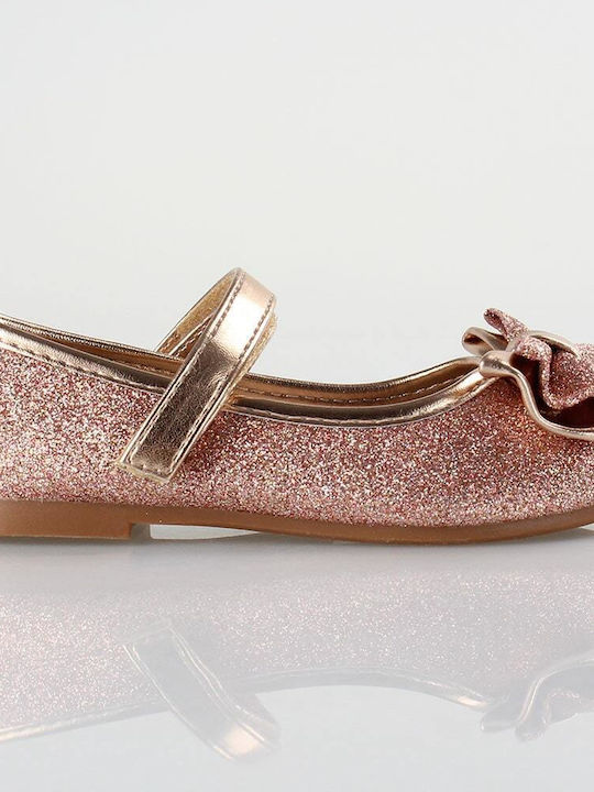 Kids Leather Ballerinas with Hoop & Loop Closure Gold