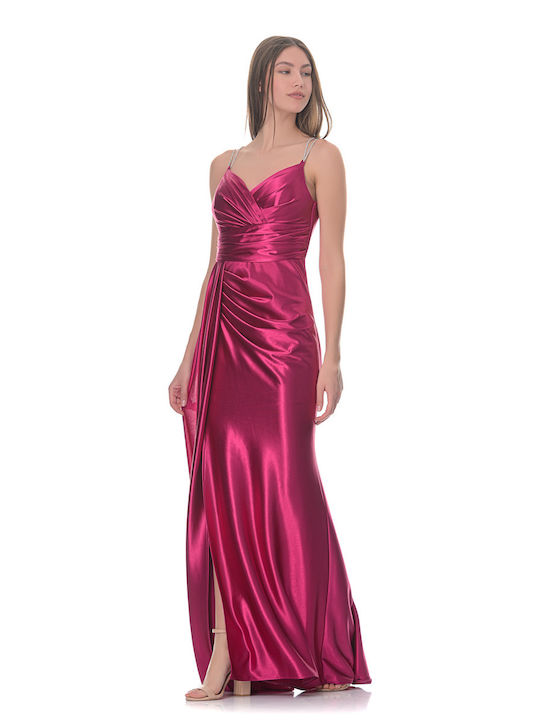 Farmaki Maxi Dress Satin with Slit Fuchsia