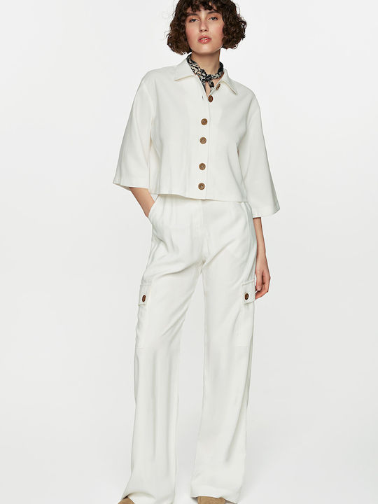 Women's Fabric Cargo Trousers with Elastic in Regular Fit White D34031
