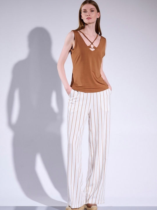 Pantaloni Dama Largi High Rise Cu Cauciuc În Fit Regular Model Cu Dungi Ecru