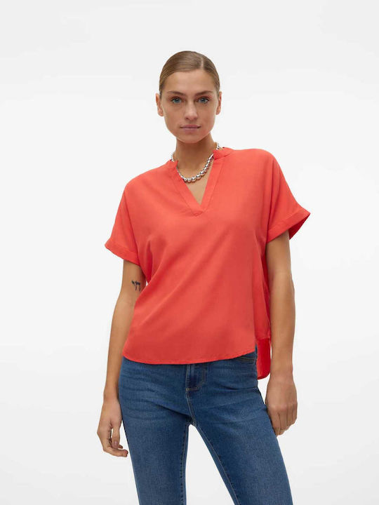 Vero Moda Γυναικεία Μπλούζα Κοντομάνικη με V Λα...