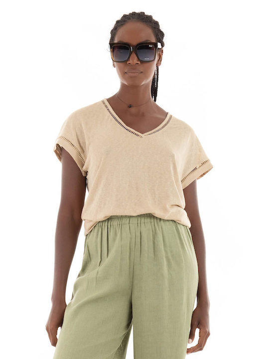 Only Women's Blouse with V Neck Beige