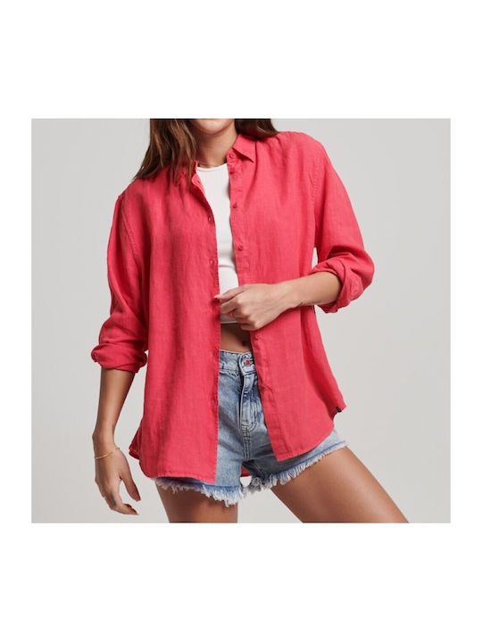 Superdry Women's Linen Long Sleeve Shirt Electric Pink