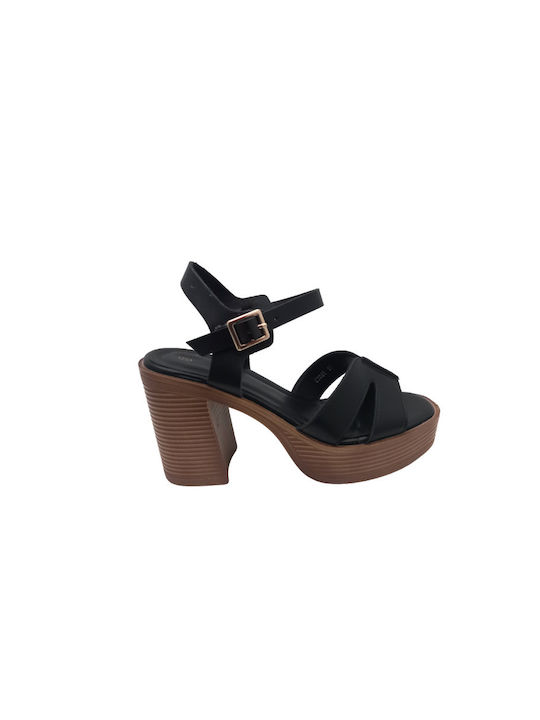 Alta Moda Platform Women's Sandals with Ankle Strap Black with Chunky High Heel