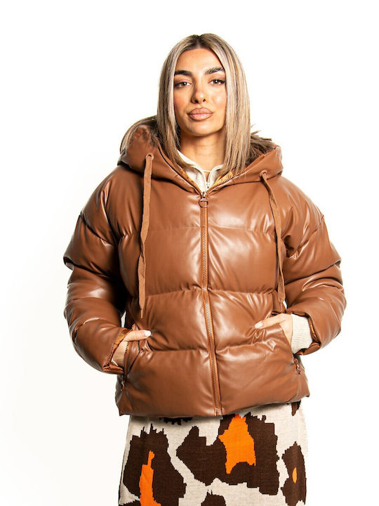 Camel Puffer Leather Jacket