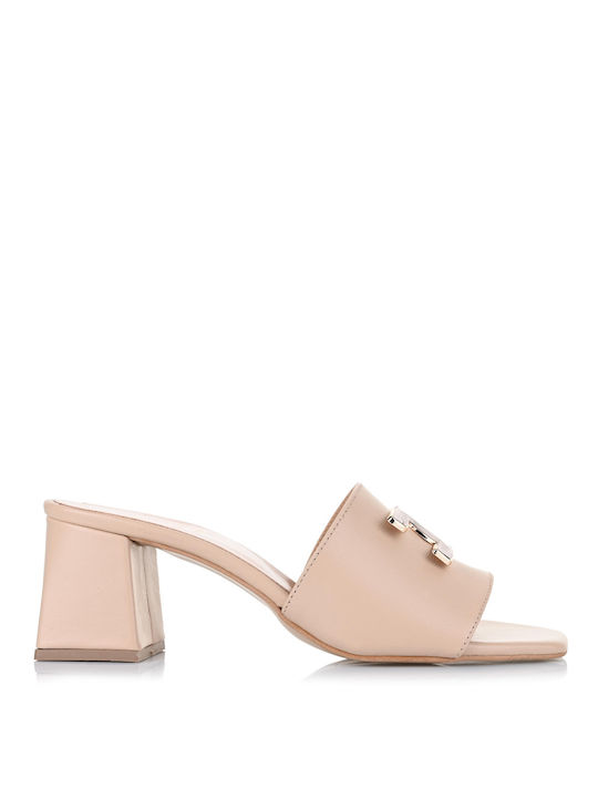 Mariella Fabiani Leder Mules mit Absatz in Beige Farbe