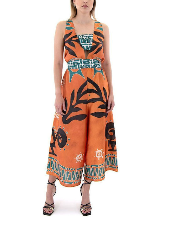 Moutaki Printed Belted Wide Leg Jumpsuit Women Moutaki Εκρου Πορτοκαλι Πρασινο 24.05.01-orange