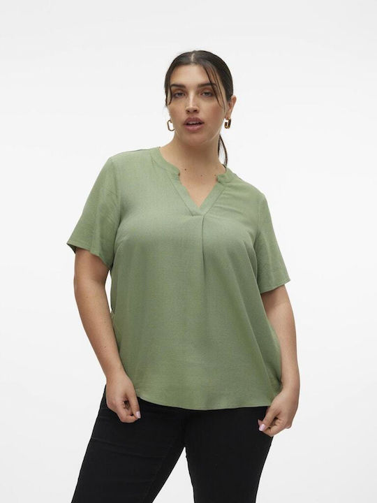 Vero Moda Damen Sommerliche Bluse Leinen Kurzärmelig mit V-Ausschnitt Hedge Green