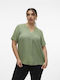 Vero Moda Γυναικεία Καλοκαιρινή Μπλούζα Λινή Κοντομάνικη με V Λαιμόκοψη Hedge Green
