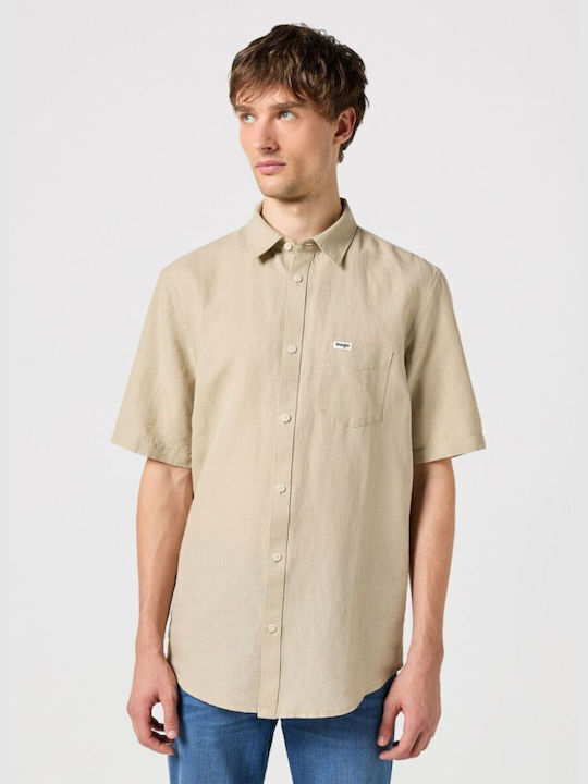 Wrangler Herrenhemd Kurzärmelig Leinen Beige