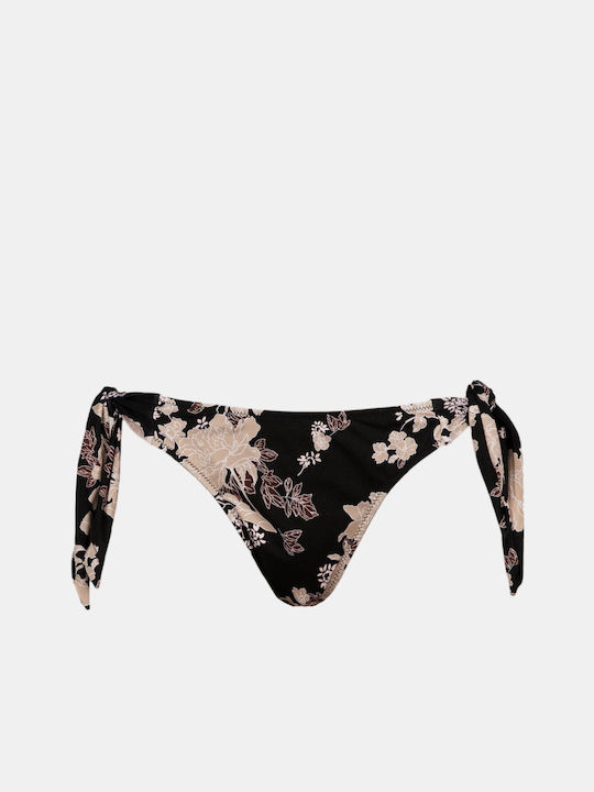 Rock Club Peony Print Bikini Slip με Κορδονάκια Μαύρο