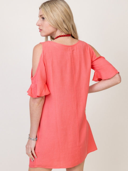 Natural Line Dress with Ruffle Coral